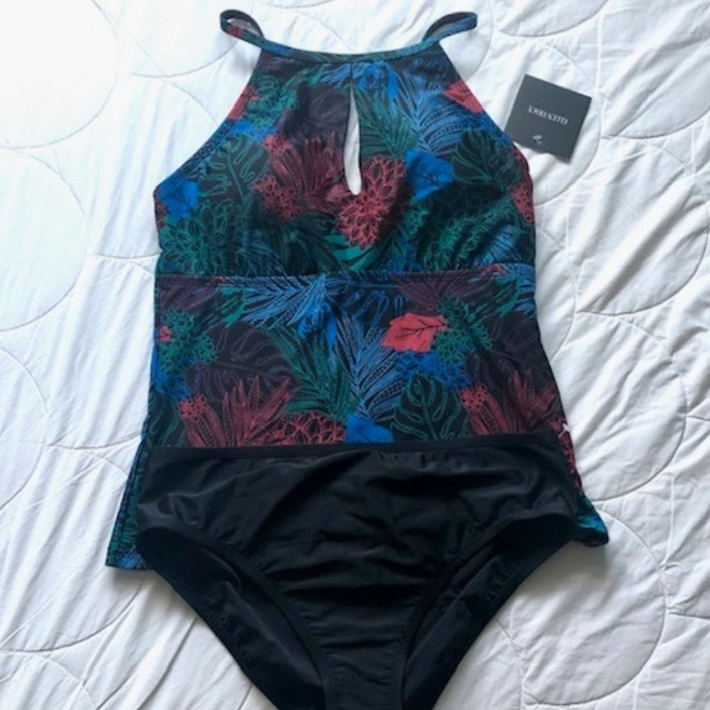 Ellen Tracy High Neck Key Hole 2 Piece Bathing Suit Size 12 NWT